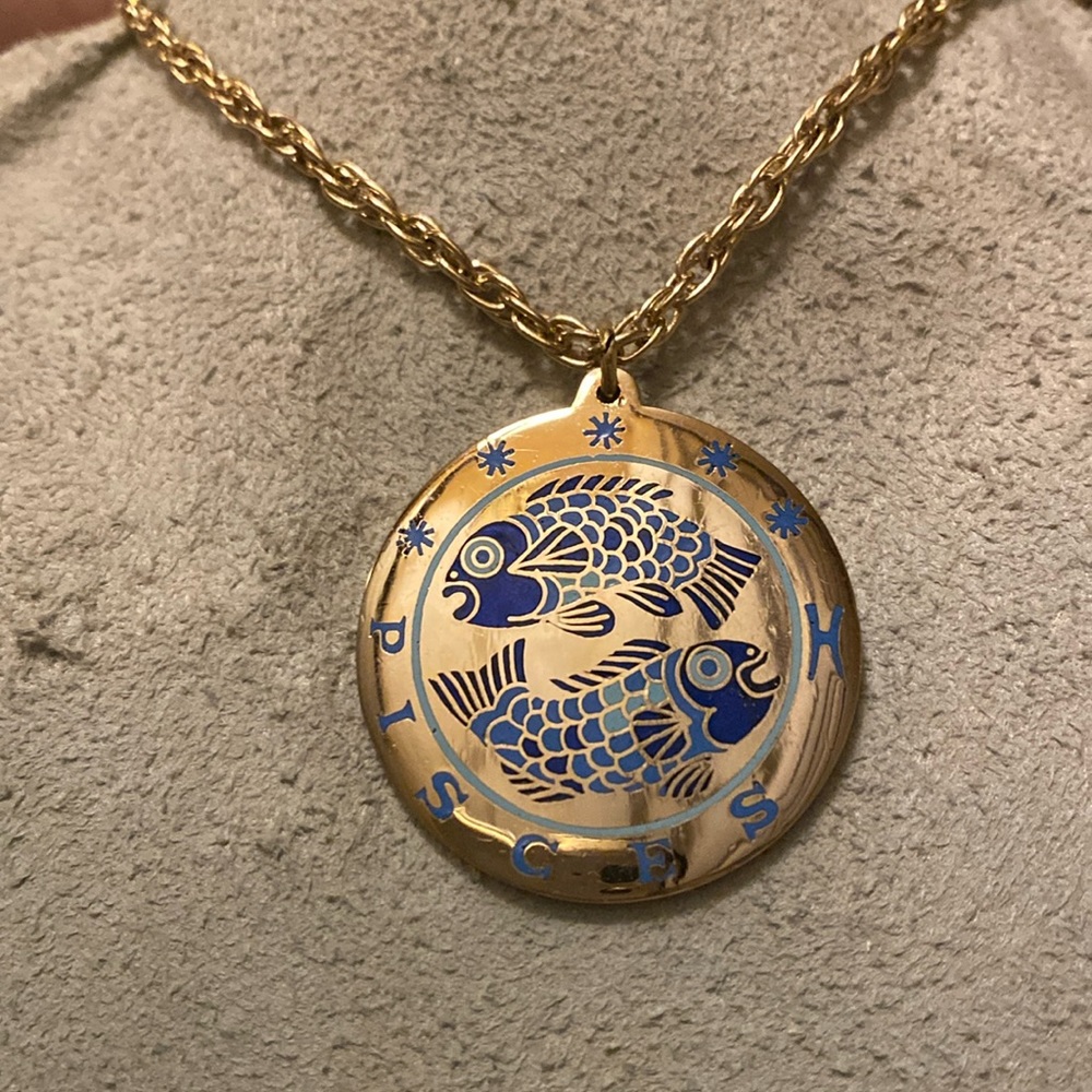 Vtg 70’s Cloisart Cloisonné Astrology Pendant Necklace Pisces
